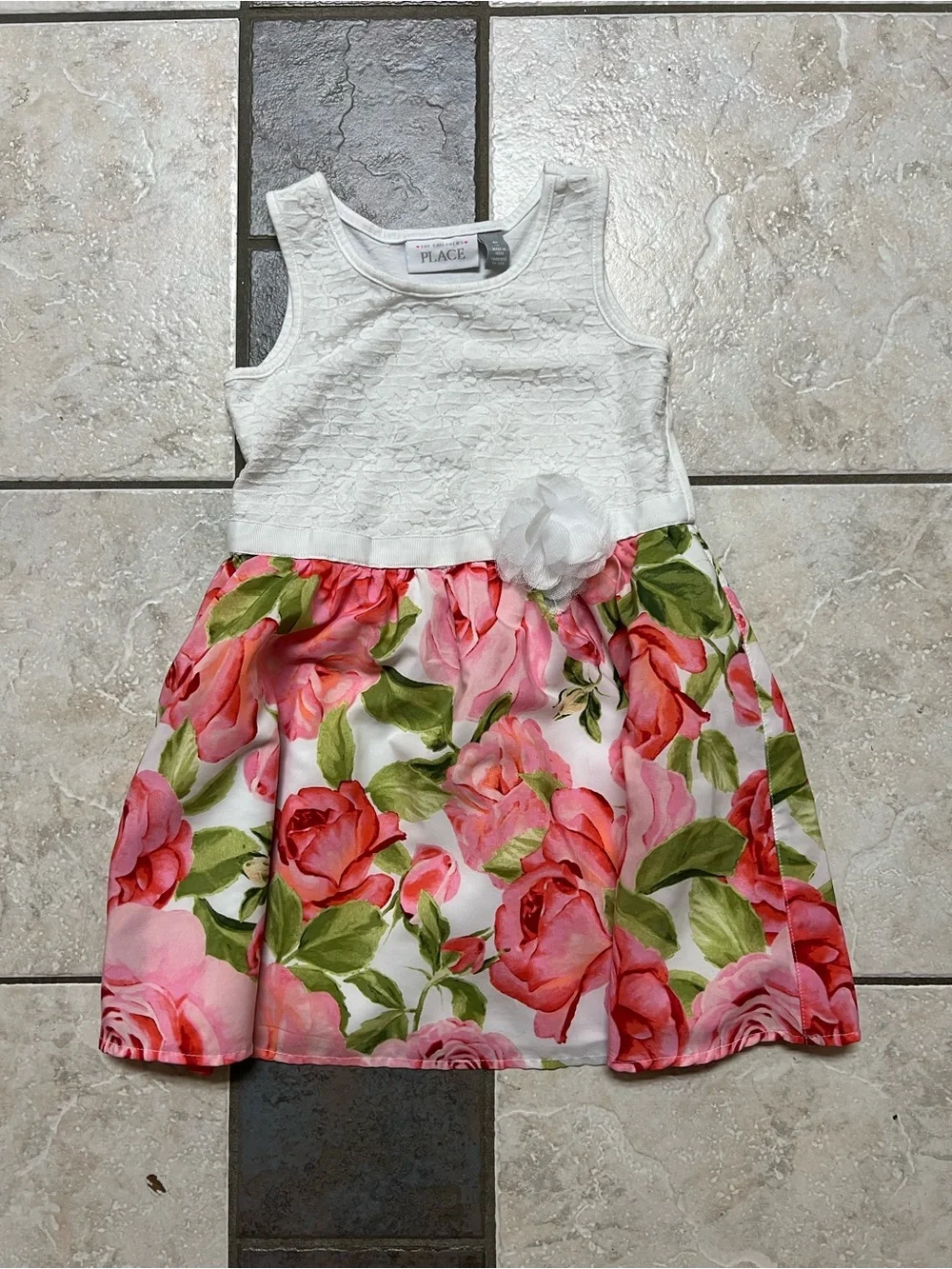 The Children's Place White Bodice Pink Floral Dress with Flower Accent